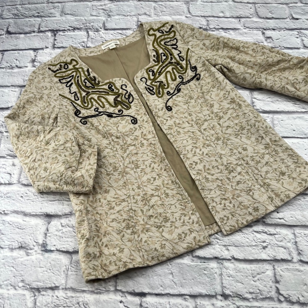 Coldwater Creek Women 12 Blazer Jacket Cream Beige Embroidered Beaded 3/4 Sleeve